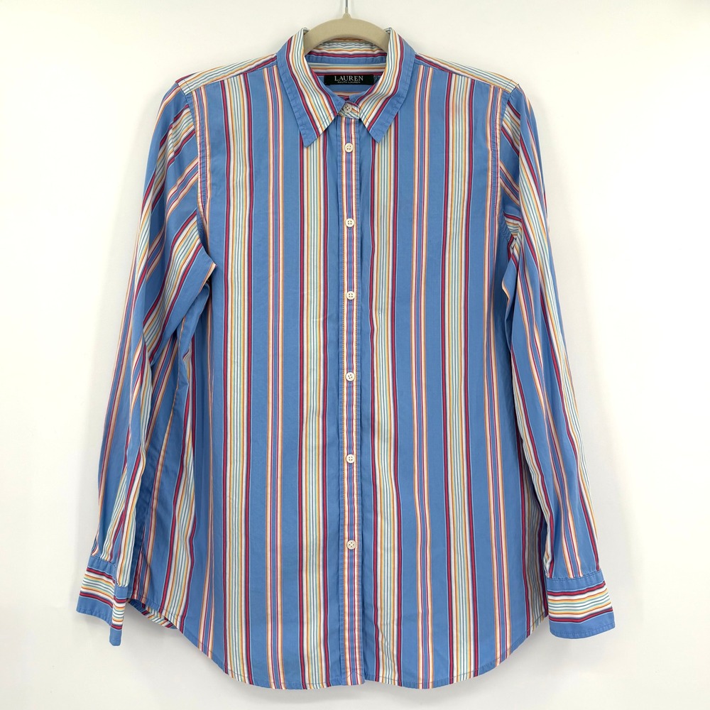 Lauren Ralph Lauren Vintage Womens Blue Multi Color Striped Button Down Shirt